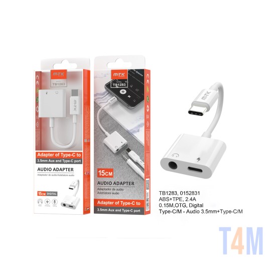 MTK 2 IN 1 AUDIO ADAPTER CABLE TB1283 BL TYPE-C TO 3.5MM AUDIO + TYPE-C TO CHARGE 0.15M WHITE 